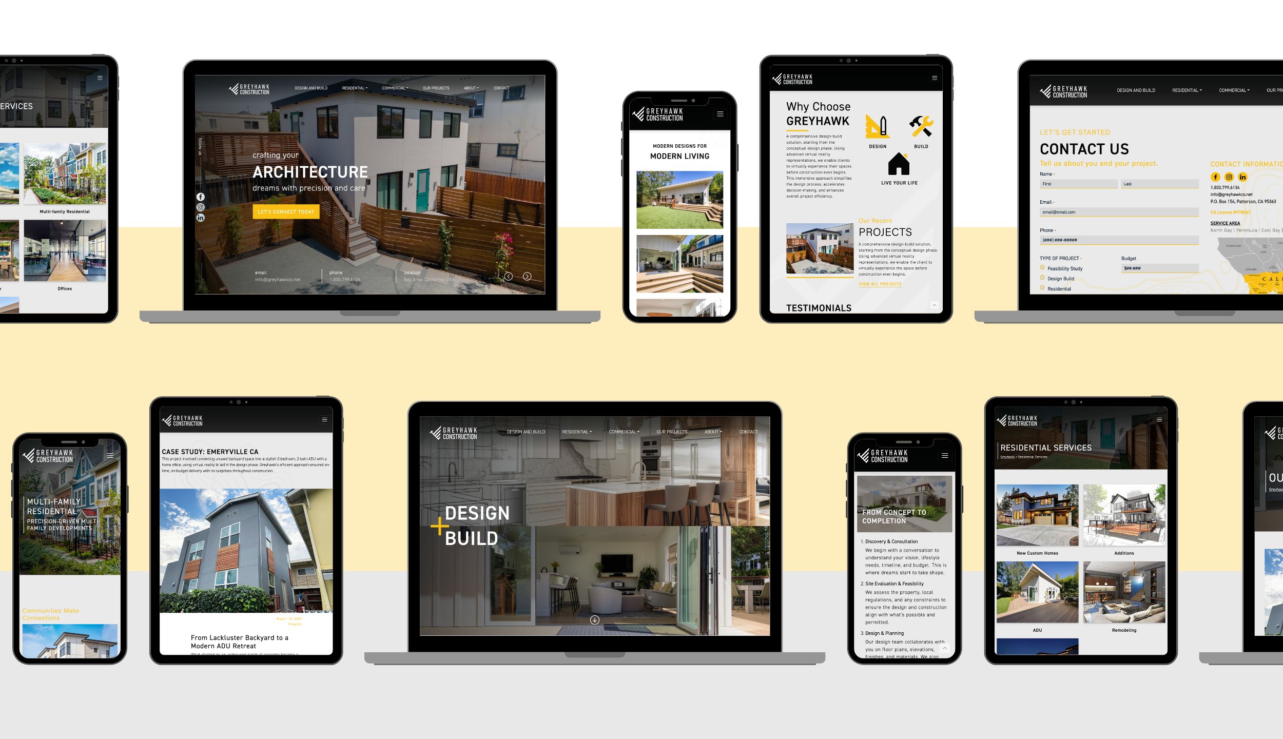 Digital mockup showing Greyhawk Construction’s responsive website displayed across multiple devices including laptops, tablets, and smartphones.