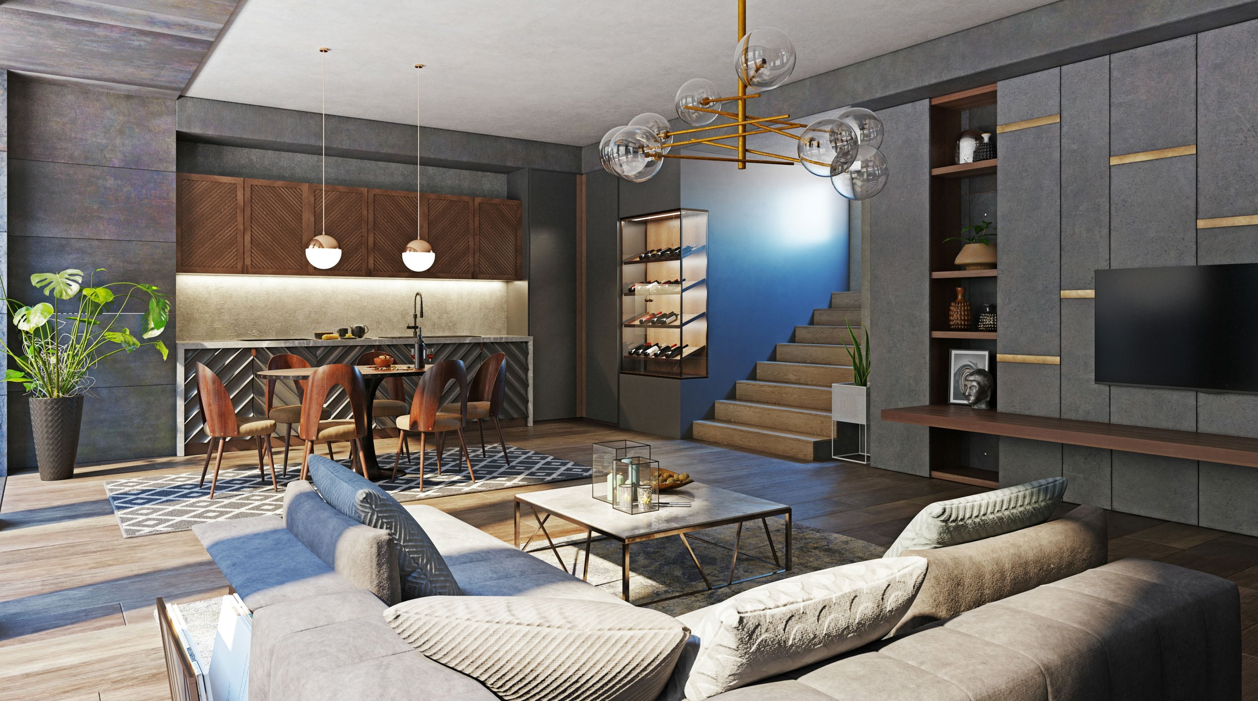 Modern open-concept living space featuring a stylish kitchen, round dining table, cozy sectional, wall-mounted TV, and built-in wine display by the staircase.