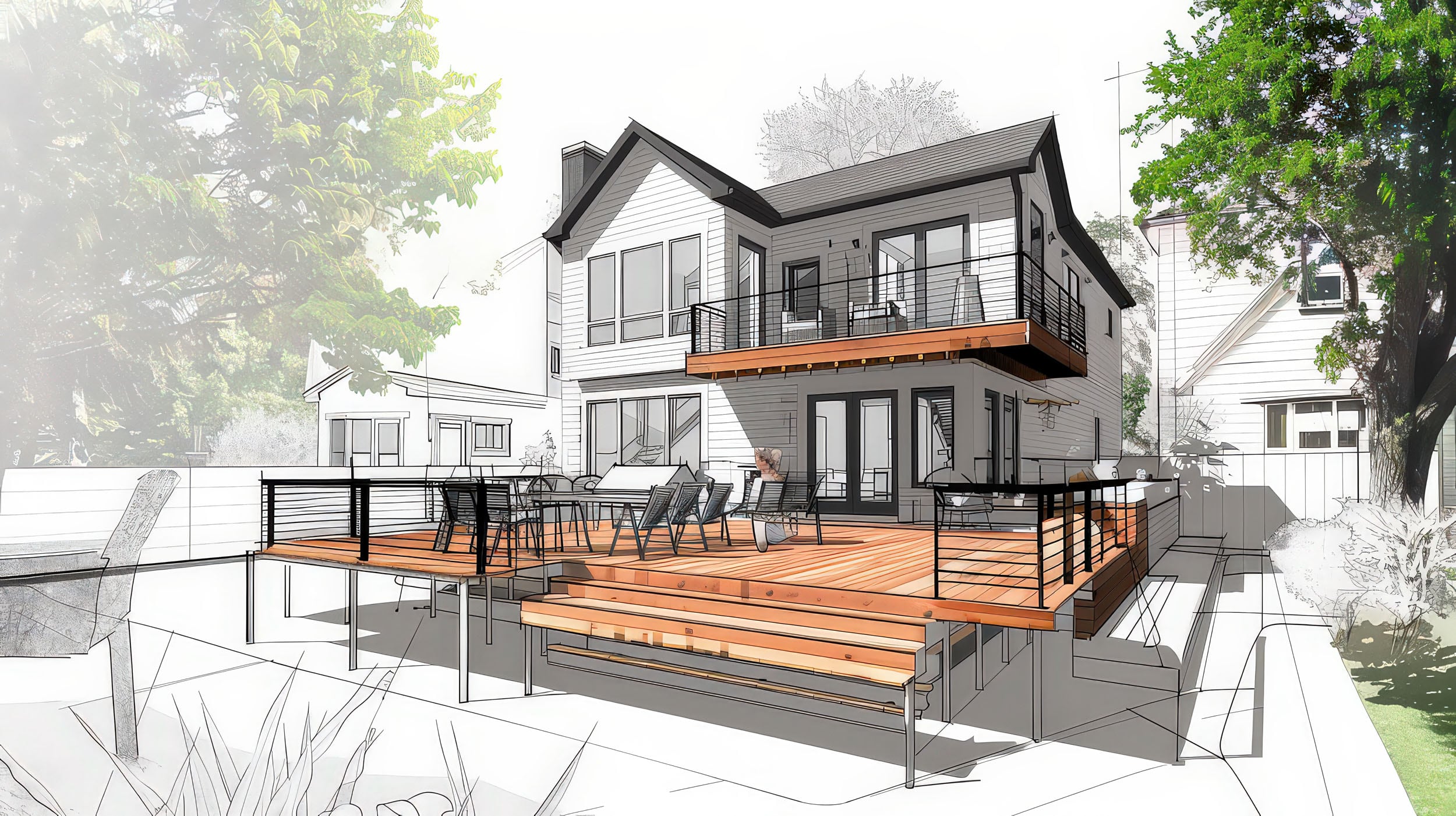 Architectural rendering blending sketch and photorealism, showing a two-story home with large decks, railings, and outdoor seating areas.